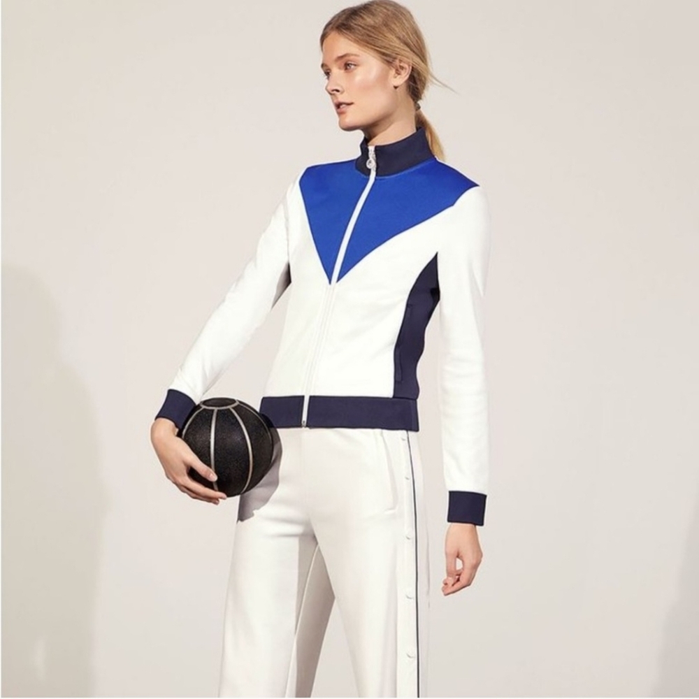 Tory Sport Colorblock Pattern Bomber Jacket Size Small White, Blue, Black